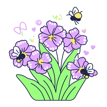 A cluster of pansies is blooming in a garden. The pansies have distinct patterns on their petals, showcasing various designs. Bees are seen buzzing around the flowers, with detailed bodies and wings, as they gather nectar. Butterflies flutter gracefully in the air, showcasing their colorful wings. The scene is vibrant, filled with the activity of the bees and butterflies interacting with the flowers.