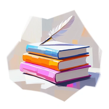 A logo for a bookstore with stacked books and a quill pen