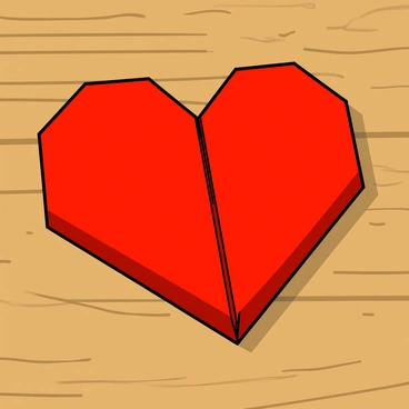 A neatly folded origami heart in vibrant red color, resting on a smooth, light brown wooden table. The heart has well-defined creases and symmetrical edges, showcasing its intricate design. The surface of the table has visible wood grain patterns and a polished finish, providing a warm contrast to the heart. Soft natural light creates gentle shadows underneath the heart, emphasizing its shape and texture.