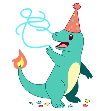 A teal Charmander is standing on its hind legs, wearing a vibrant orange party hat adorned with colorful patterns. The Charmander's mouth is open, and it is blowing out a bright blue streamer that curls outward. Its tail is gently flickering with a bright flame at the tip, adding a lively touch to the scene. Surrounding the Charmander, there are scattered confetti pieces in various shapes and colors, enhancing the festive atmosphere.