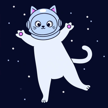 A cat with sleek fur and large, expressive eyes is wearing a shiny silver helmet that fits snugly around its head. The cat is floating freely in a dark, starry background filled with small, twinkling stars. Its paws are outstretched, giving the impression of graceful movement in zero gravity.