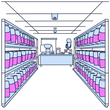 An interior view of a hospital blood bank featuring rows of shelves filled with transparent blood bags. Each bag is labeled with various blood types, and they are neatly organized by color-coded tags. The shelves are metallic and have a clean, sterile appearance. Bright, overhead lights illuminate the space, casting a clear glow over the bags. In the background, there is a workstation with medical equipment for blood testing and storage.