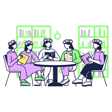 A library book club meeting is taking place in a cozy reading room. Around a circular table, several club members are seated, each wearing a unique flower crown. Each crown is adorned with flowers that reflect the themes or titles of the books they are reading. One member, with a crown of daisies, is holding a book with a bright cover featuring a sun. Another member, wearing a crown of bluebells, has a book with a dark cover embellished with stars. A third member, sporting a crown of roses, is flipping through a book that has a colorful illustration on the front. The room is lined with bookshelves filled with various books, and a warm light is illuminating the gathering, creating an inviting atmosphere for discussion.