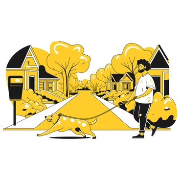 A person is walking a dog down a charming neighborhood street lined with houses. The person is wearing a casual outfit, consisting of a t-shirt and jeans, and is holding a leash attached to the dog. The dog, a medium-sized breed, is excitedly pulling ahead as they stroll along the sidewalk. Trees with lush foliage are visible on either side of the street, and flower beds bloom with various plants in front of the homes. A mailbox is positioned at the end of each driveway, and a distant view of a park can be seen at the end of the road.