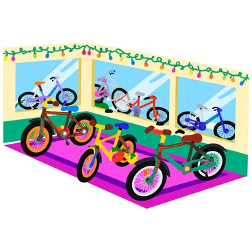 A bike shop filled with various bicycles displayed prominently. The shop is adorned with colorful holiday lights strung along the ceiling and walls, creating a festive atmosphere. The bikes are decorated with themed decorations such as tiny ornaments and garlands, which hang from the handlebars and frames. A large window showcases more lights outside, illuminating the scene with a warm glow. The floor is covered with a vibrant rug, adding to the cozy ambiance of the shop.