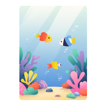 An underwater scene is depicted on an A3 illustration board. Various colorful fish in shades of orange, yellow, blue, and purple swim among vibrant corals. The corals are in different shapes and sizes, showcasing hues of pink, red, and green. Small bubbles rise from the fish as they move through the clear blue water. Sunlight filters down from the surface, creating dappled patterns on the ocean floor, where sand and small shells can be seen.