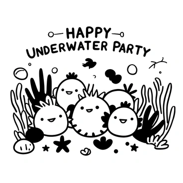 A group of puffer fish with round bodies and spiky textures are gathered together, surrounded by an array of colorful sea corals. Some puffer fish are playfully bobbing up and down while others are blowing up to their full size. There are bubbles rising from the sand below, and small fish are darting in and out among the corals. "Happy Underwater Party" is written in a playful font above the gathering of puffer fish. A few starfish and seashells are scattered on the sandy ocean floor, adding to the festive atmosphere.