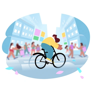 A person in a bright-colored jacket is riding a bicycle through a bustling city scene. The rider has one hand on the handlebars and the other hand is extending outward. Surrounding the cyclist are tall buildings with large windows reflecting the light. Multiple pedestrians are crossing the street, some carrying shopping bags. Colorful street signs and advertisements are visible in the background. The ground is paved with grey asphalt, and there are scattered leaves from nearby trees. A flurry of movement is suggested by blurred outlines of people walking swiftly.