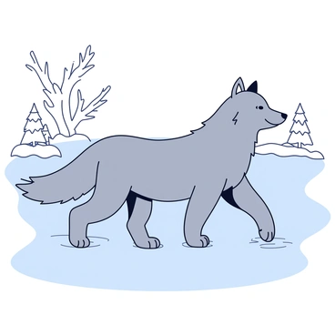 A grey wolf with thick fur and sharp features is cautiously stepping on the frozen surface of an icy lake. The wolf's paws are carefully placed to avoid slipping, creating small indentations in the ice. The lake is surrounded by sparse, frosty trees with snow-dusted branches. The atmosphere is still, with a pale blue sky reflecting off the frozen water.