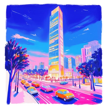 A tall skyscraper, Landmark 81, stands illuminated against the night sky. The building's sleek glass exterior reflects the surrounding city lights, creating a shimmering effect. It is surrounded by a bustling urban landscape with streets filled with cars and pedestrians. In the foreground, trees line the sidewalk, their leaves slightly rustling in the evening breeze. The vibrant glow from the building contrasts with the deep blue of the night sky, adding to the lively atmosphere of the city.