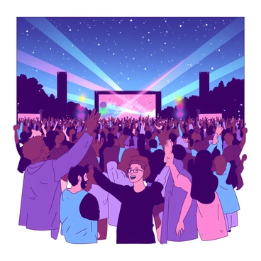 A duotone crowd is gathered outdoors, their faces lit with excitement as they enjoy a concert. The crowd is composed of people of diverse backgrounds, some waving their hands in the air, while others are dancing to the music. The stage is illuminated, and colorful lights are casting vibrant shadows on the ground. Above them, a clear starry sky is filled with bright stars, creating a magical atmosphere. The scene captures the joy and energy of the moment, with smiles and laughter evident among the crowd.