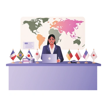 A receptionist surrounded by flags from various countries, emphasizing a global atmosphere.