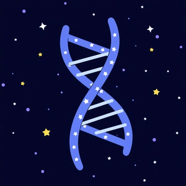 A galaxy with a dark background filled with twinkling stars. At the center of the galaxy, a giant DNA strand is formed by swirling stars, creating two intertwining helical shapes. The stars vary in brightness, some glowing brightly while others are dimmer, giving a sense of depth and dimension. The DNA strand appears to be illuminated, with a soft glow emanating from it, contrasting with the surrounding darkness of space.