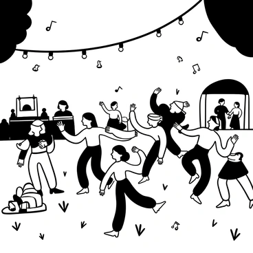 A vintage Barbie figure wearing a classic 1960s outfit is dancing joyfully at an outdoor concert. She is surrounded by several friends, all in similar vintage clothing, sharing the moment together. Below them, a grassy area is filled with picnic blankets and people enjoying the music. Above, string lights are hung between trees, creating a festive atmosphere. Musical notes float in the air, and a small band can be seen on a stage in the background. The scene is lively, capturing the essence of a fun outdoor gathering.