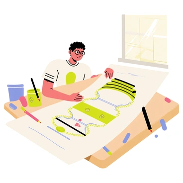 A designer sitting at a wooden table, working on a large sheet of paper. The designer is wearing round glasses and has a focused expression. The paper features an intricate and colorful sketch of a pickle jar label, adorned with decorative swirls and illustrations of pickles. Various colored pencils and markers are scattered around the table. A light source shines from a nearby window, illuminating the workspace.