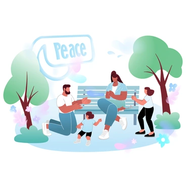 A modern-day saint wearing casual clothing is assisting individuals in an urban park. The saint is seen kneeling next to a person sitting on a bench, offering support and guidance. Nearby, a group of children are playing with a frisbee, while an elderly person is being helped with their groceries. Trees with vibrant green leaves surround the park, and colorful flowers are blooming in patches throughout the area. A large "peace" symbol is painted on a nearby wall, adding to the uplifting atmosphere.