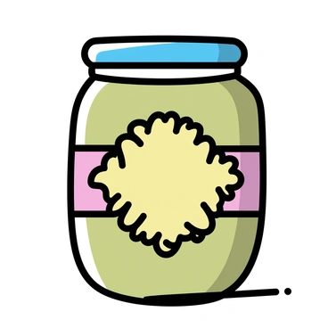 A vintage pickle jar with a round glass body, showcasing an ornate, colorful label. The label features intricate designs typical of the 1950s, with bold patterns and vibrant colors. The jar has a metal lid with a shiny finish, reflecting light. The jar is placed on a wooden surface, allowing the focus to remain on its decorative elements.