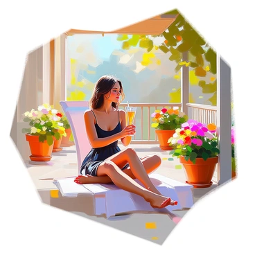 A garden veranda adorned with vibrant flowers and greenery surrounds a woman sitting gracefully. She has light skin and dark hair arranged in loose waves. She is wearing a light black summer dress that flows gently as she relaxes. In her hand, she holds a tall glass of iced tea, condensation forming on the outside of the glass. The veranda features a wooden railing and a few potted plants, creating a serene atmosphere. Sunlight filters through the leaves, casting dappled shadows on the floor.