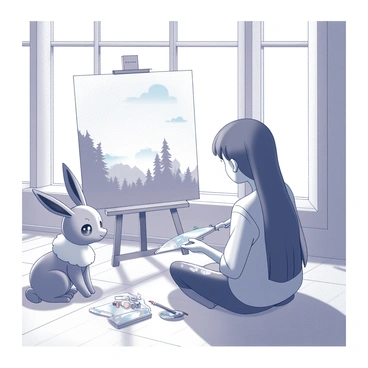 An Eevee sitting on a wooden floor, observing its trainer. The trainer is focused on painting a canvas, with a variety of brushes and a palette beside them. Sunlight streams through large windows, illuminating the scene and creating shadows on the floor. The canvas features a partially completed landscape, showcasing trees and a blue sky. The trainer has a look of concentration, with paint splatters on their clothing, while the Eevee attentively watches the activity.