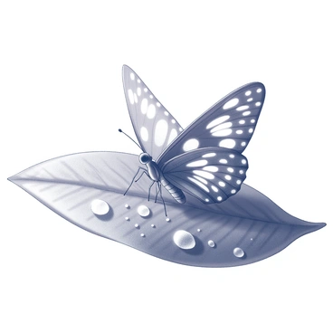 A "papillon butterfly" with its distinctive wing patterns is resting delicately on a "leaf" that is glistening with "dewdrops." The leaf has a textured surface, capturing the intricate details of the droplets. The scene captures the early morning light, softly illuminating the surroundings and casting gentle shadows. The butterfly's wings are slightly open, showcasing the detailed markings, while the "dewdrops" reflect the faint light of dawn, creating a delicate, tranquil composition.