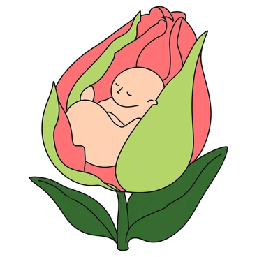 A small fetus with delicate features and a smooth skin tone is gently nestled within the soft, curling petals of a large flower bud. The flower bud is vibrant with shades of pink and green, showing hints of the colorful petals that are about to unfurl. The petals are velvety and layered, creating a protective cocoon around the fetus. The scene is filled with a warm, calming light that highlights the intricate textures of the flower and emphasizes the peacefulness of the small figure resting within. The surrounding leaves are a deep green, providing a natural frame for this unique and tender moment.