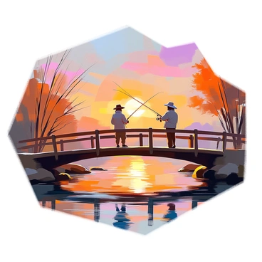 A wooden bridge spans across a gently flowing river, its warm brown hues contrasting with the cool, reflective water below. On the bridge, a person stands with a fishing rod in hand, wearing a wide-brimmed hat and a light jacket. The individual gazes intently at the water, focused on the task of fishing. In the background, the sky is filled with vibrant colors of orange, pink, and purple as the sun sets, casting a warm glow on the scene. Silhouettes of trees line the riverbank, framing the picturesque landscape.