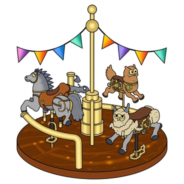 A steampunk-themed carousel with a circular platform made of polished brass and rich, dark wood. The carousel features a variety of mechanical creatures, including a metallic dragon with intricate scales, a horse with clockwork mechanisms visible beneath its skin, and a whimsical owl with spinning gears for eyes. The creatures are adorned with leather straps and small gears, all gleaming under warm, golden lights. Surrounding the carousel, large brass gears and pipes are visible, adding to the mechanical atmosphere. Colorful bunting flutters above, enhancing the festive mood of the scene.