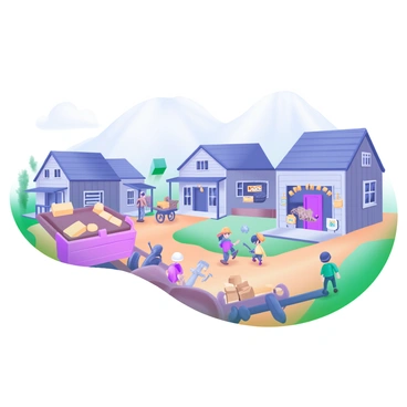 A small mining town nestled in a valley, with wooden houses and rustic shops lining the dirt streets. The houses are painted in muted pastel colors, with some featuring front porches adorned with simple decorations. Miners, wearing helmets and carrying tools, walk along the paths, chatting and going about their daily activities. A group of children plays near a wooden cart filled with supplies, while a few townsfolk gather in front of a shop displaying various mining equipment. The backdrop includes distant mountains, hinting at the source of the town's livelihood.