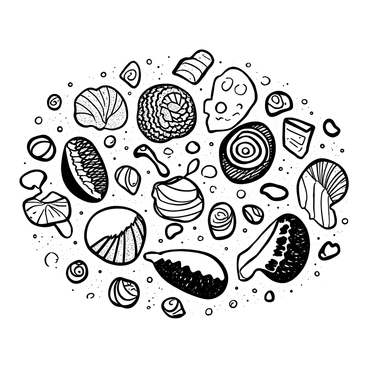 A collier made entirely of sea shells arranged in various sizes and shapes, lying on a sandy background. The shells display intricate textures and patterns, showcasing their natural forms. The sandy surface has small grains that catch the light, providing a contrast to the smoothness of the shells.