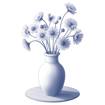 A vase filled with cornflowers stands on a wooden table. The flowers are depicted with delicate petals, showcasing their intricate shapes and multiple layers. The vase is simple, with a rounded body and a narrow neck, providing an elegant contrast to the vibrant flowers. The composition highlights the cornflowers, which are arranged in a loose, natural manner, with some flowers bending slightly as if swaying. Light falls softly on the scene, creating gentle shadows on the table surface. The background is intentionally kept simple to emphasize the beauty of the flowers in the vase.