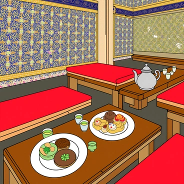 A vibrant Moroccan teahouse interior filled with colorful mosaic tiles and intricate geometric patterns covering the walls. The space features low, ornate wooden tables surrounded by plush cushions in rich hues of red, blue, and gold. On one of the tables, there is a traditional silver teapot alongside several small glasses filled with bright green mint tea. A beautiful array of traditional sweets, such as pastries and candies, is artfully arranged on decorative plates, displaying their colorful icing and decorative toppings. Soft, ambient lighting illuminates the space, reflecting off the intricate details of the decor.