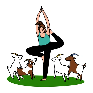 A woman with light skin and long brown hair is practicing yoga in a grassy field. She is in a tree pose, balancing on one leg, her arms extended above her head. Around her, there are several curious goats with white and brown fur. The goats are standing on their hind legs and looking at her, showing interest in her movements. The woman is wearing a turquoise tank top and black yoga pants, and a gentle breeze is causing her hair to flow slightly.