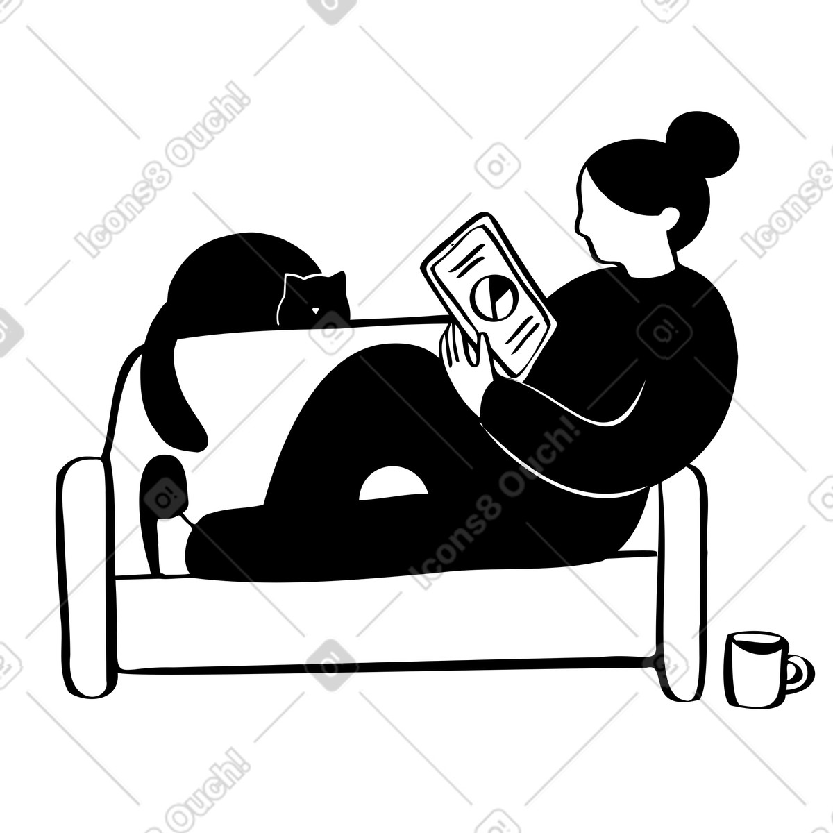 Illustration Femme travaillant à domicile allongée sur un canapé avec chat dans le style Journal télécharger aux formats PNG, SVG