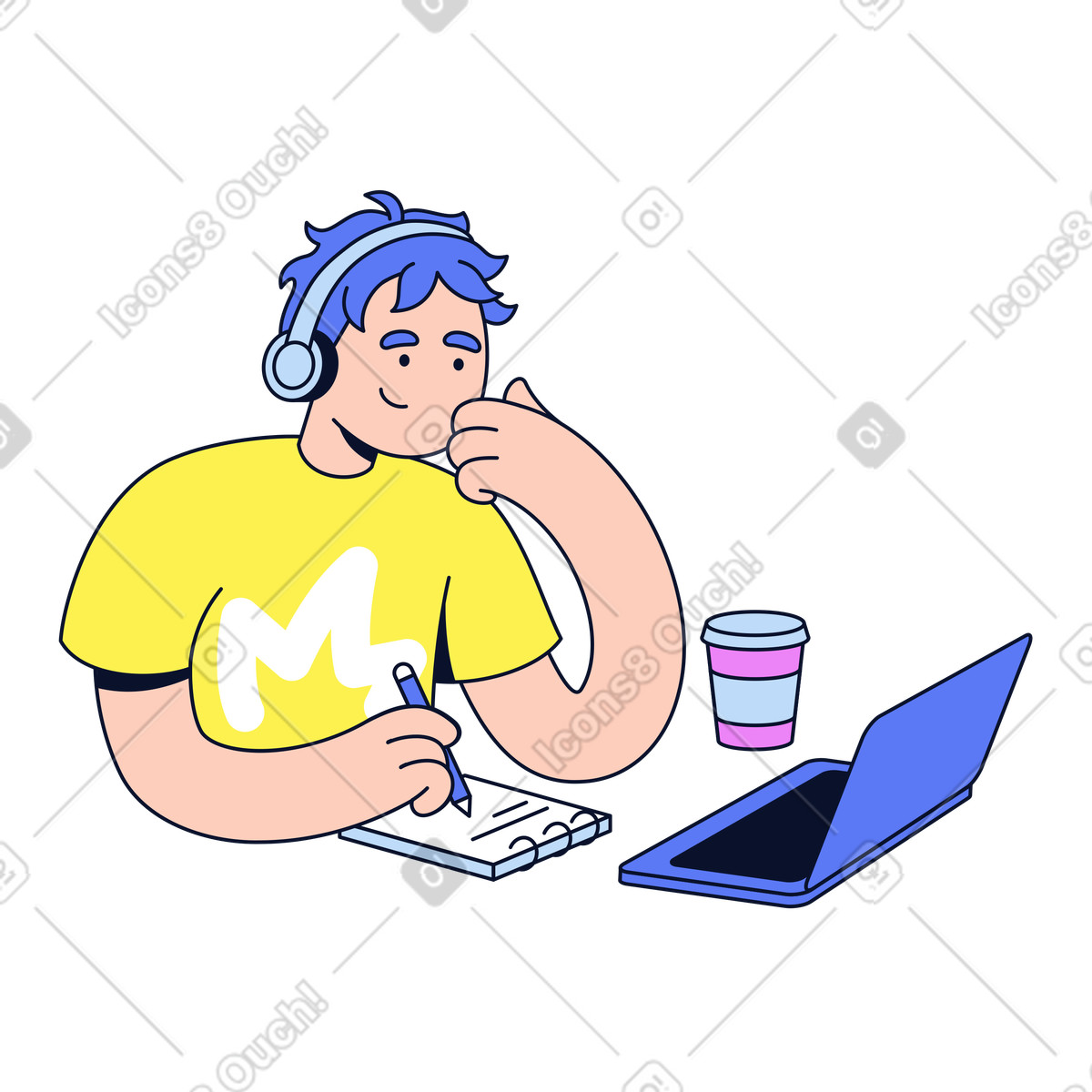Focused student with headphones attending virtual lesson, Online study or e-learning illustration in Flexy style download in PNG, SVG