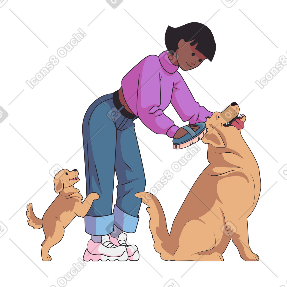 Woman brushing labrador's coat and puppy distracting her illustration in Eastwood style download in PNG, SVG