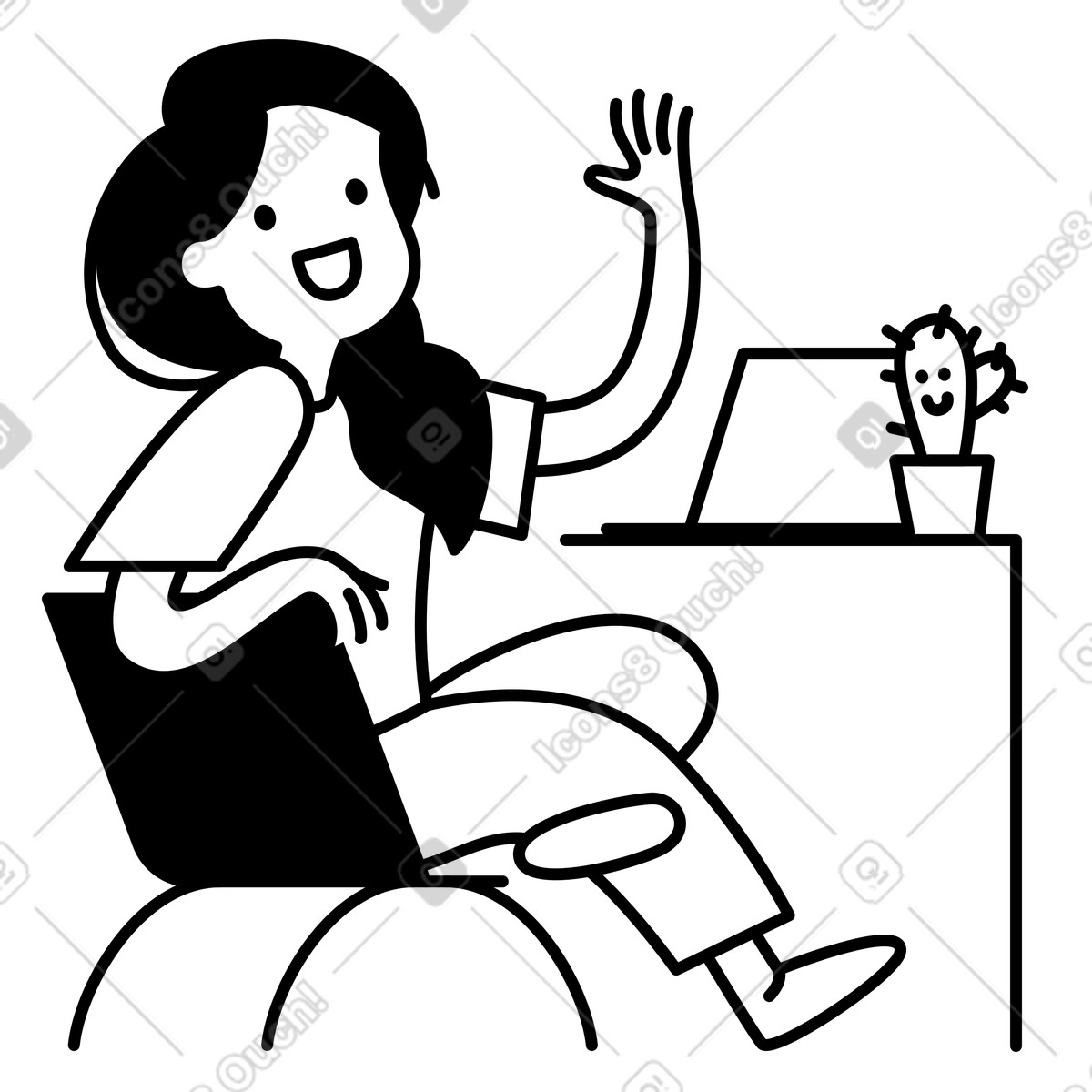 下载 Notion Line Art 风格的 Character waving hand while sitting beside table and smiling cactus 插画，支持 PNG、SVG 格式