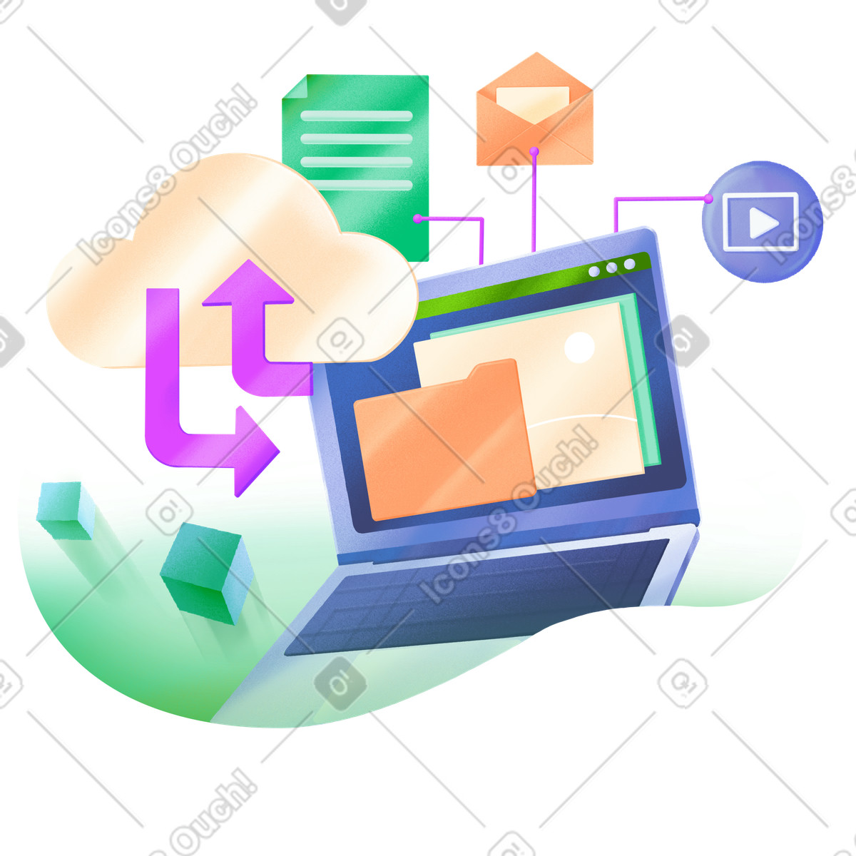 Laptop data transferring to cloud storage illustration in PNG, SVG