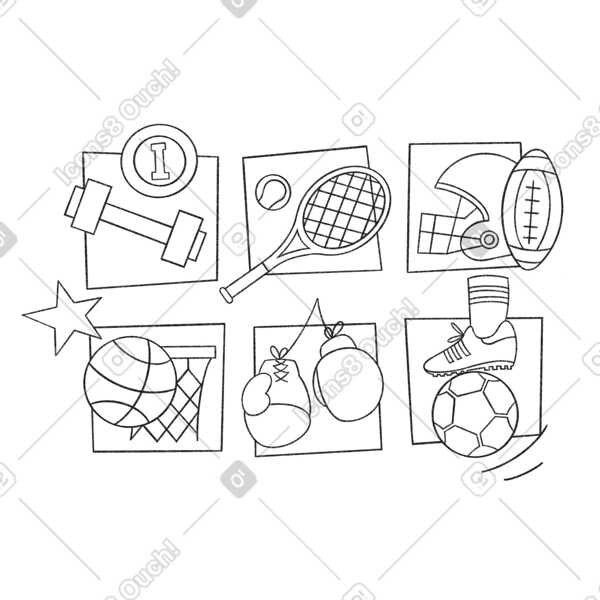 Illustration Jeux olympiques, haltérophilie, tennis, rugby, basketball, boxe, football dans le style Bonbon Line à télécharger aux formats PNG, SVG
