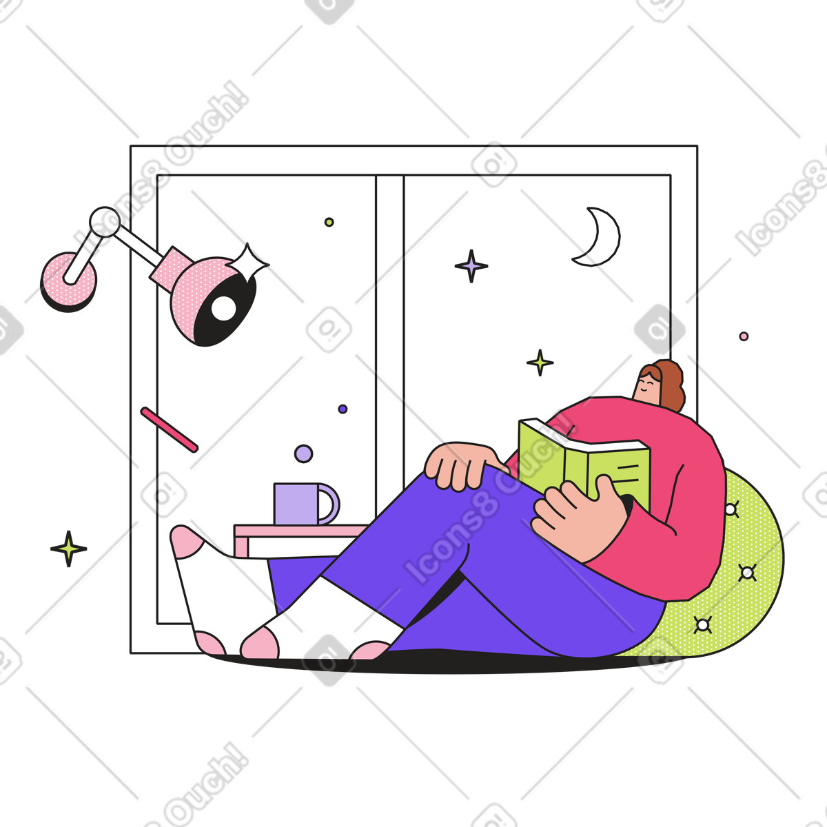 Иллюстрация Person reading book by window at night, Relaxation and leisure в стиле Dazzle — скачать в форматах PNG, SVG