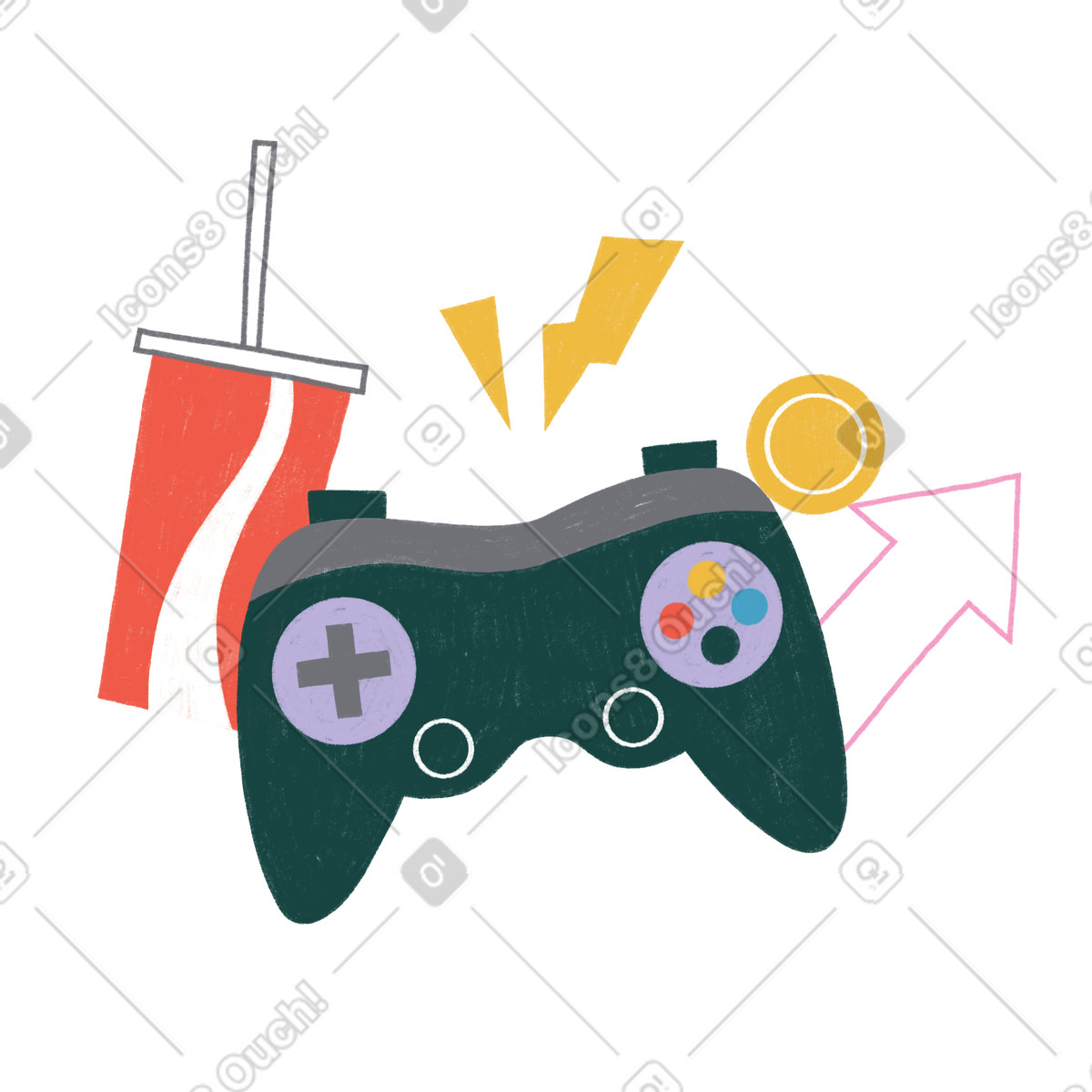 Controller di gioco, bicchiere carta e segnale aumento livello illustrazione in stile Tutti scarica in PNG, SVG