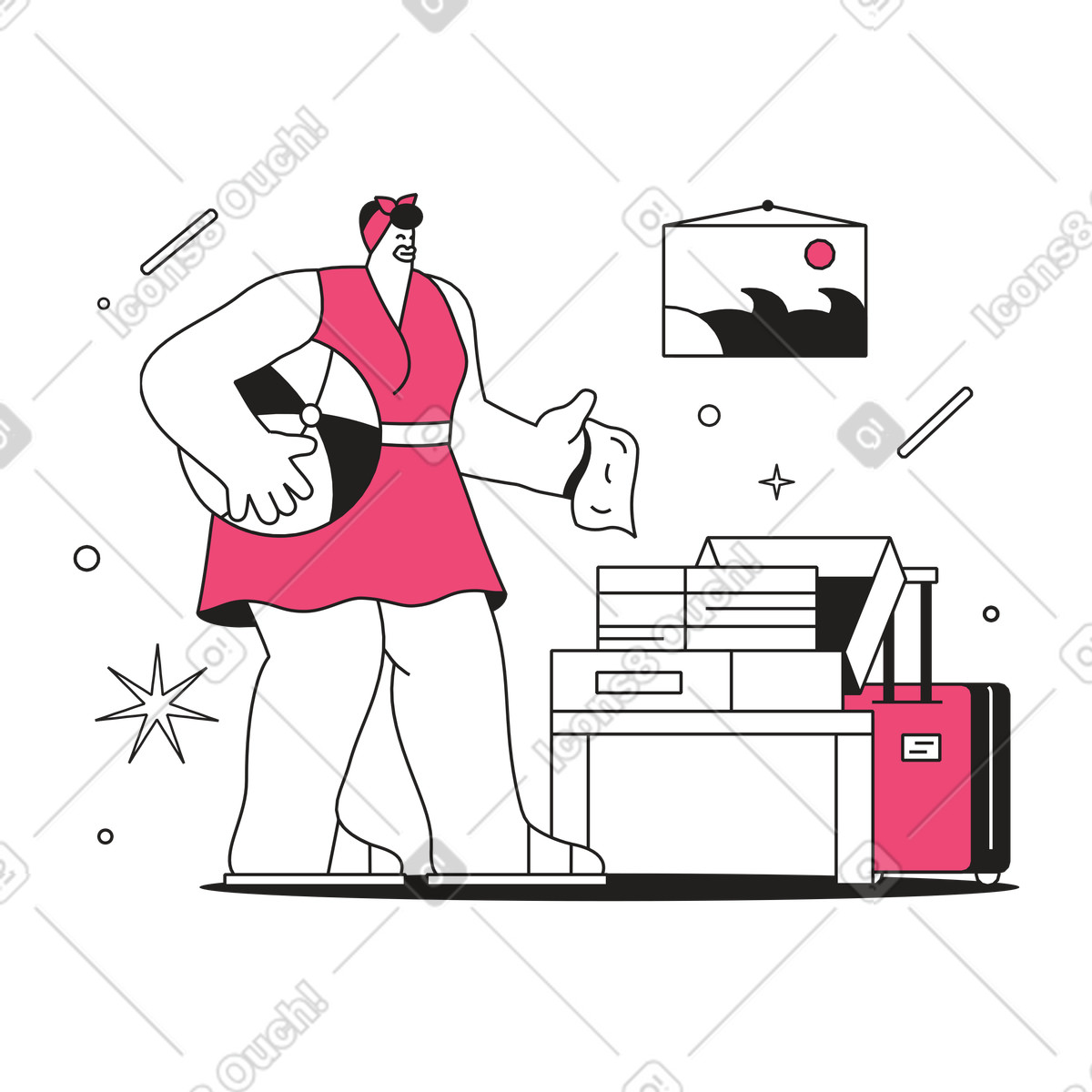 Illustration Luggage preparation, summer holiday packing dans le style Dazzle Line à télécharger aux formats PNG, SVG