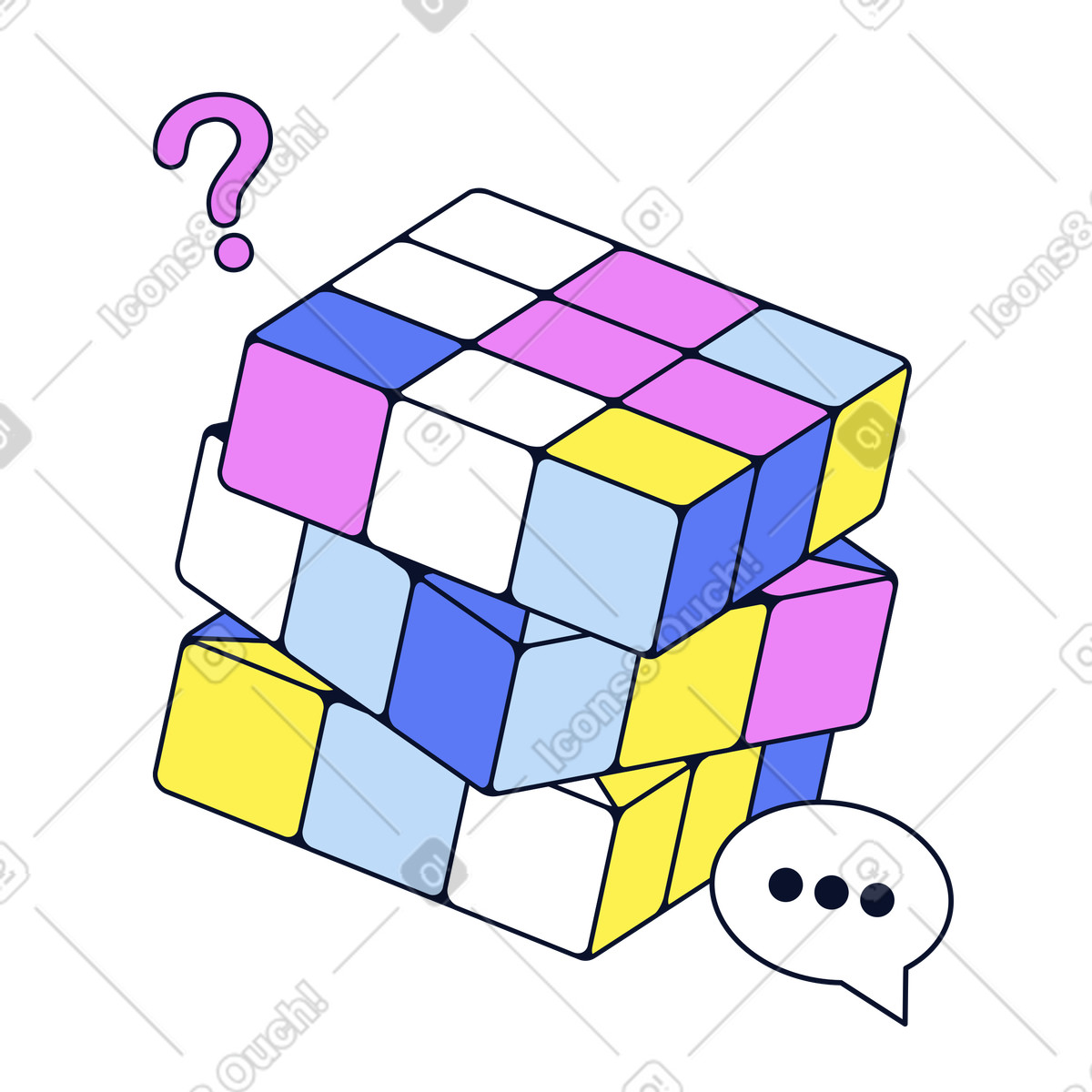 Colorful Rubik's cube with question mark and speech bubble, Brainstorming creative thinking illustration in Flexy style download in PNG, SVG