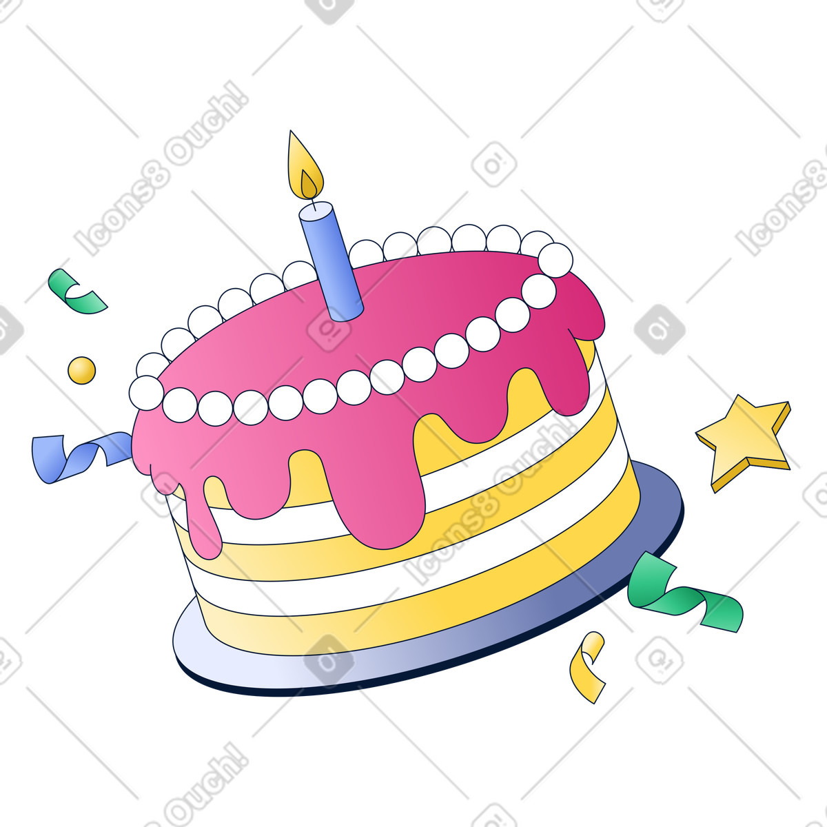 Birthday cake with single candle and confetti, Special occasion celebration illustration in Neat style download in PNG, SVG