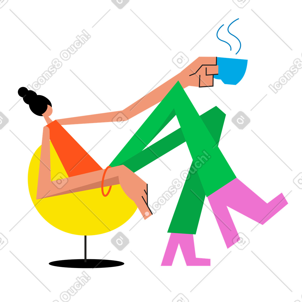 Ilustración animada Mujer sentada en la silla con taza de café estilo Warp a descargar GIF, Lottie (JSON), AE