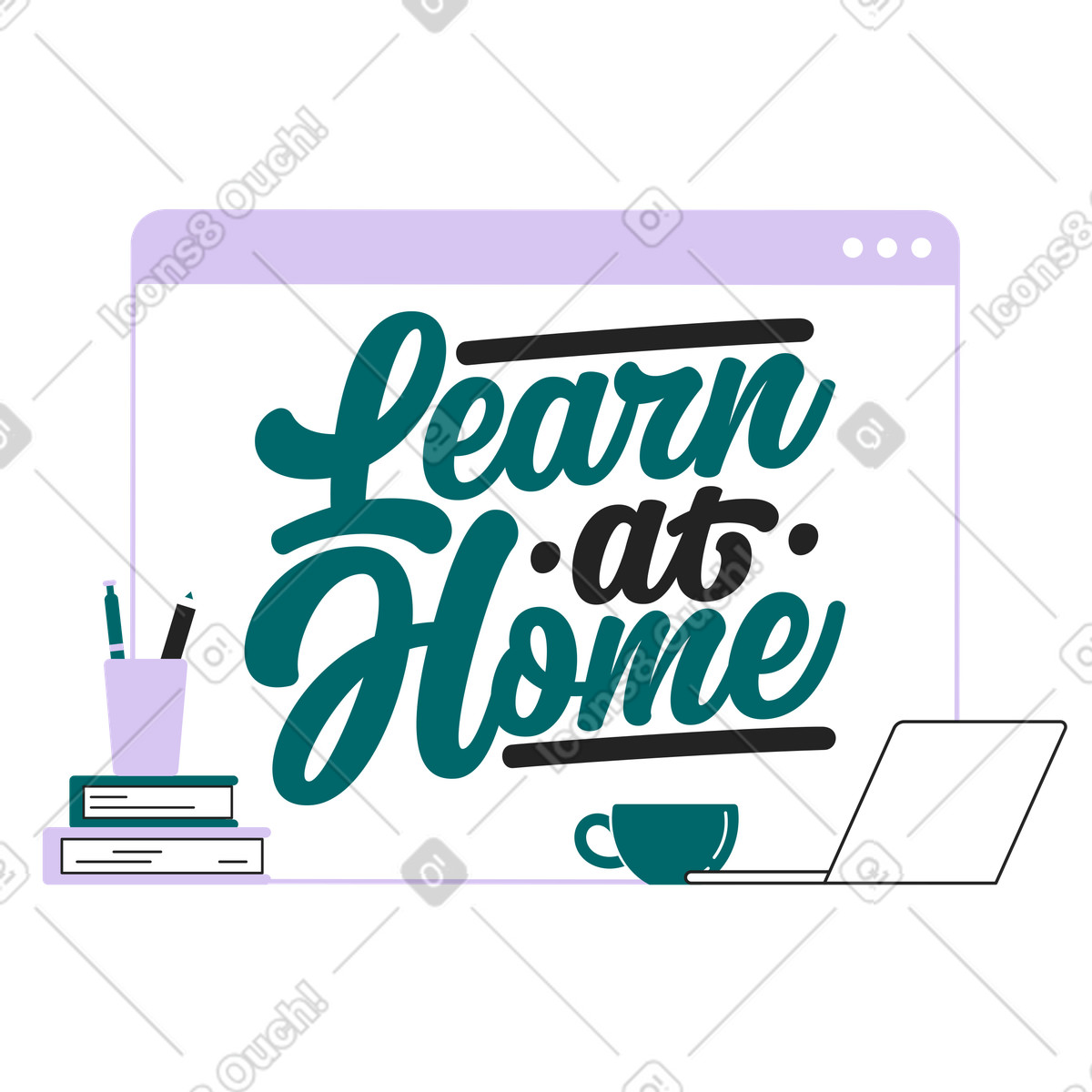 Workspace with laptop and stationery, Learn at home or E-learning setup illustration in Sammy Line style download in PNG, SVG