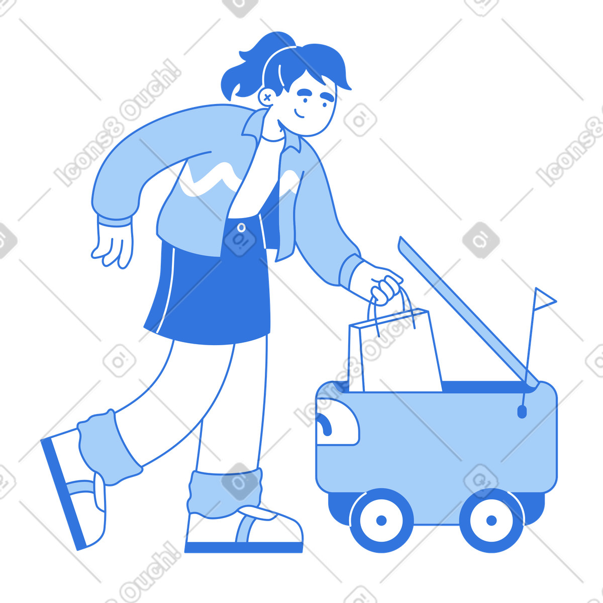 Client picking up shopping bag from delivery robot, Contactless and automated order fulfillment illustration in Sky style download in PNG, SVG