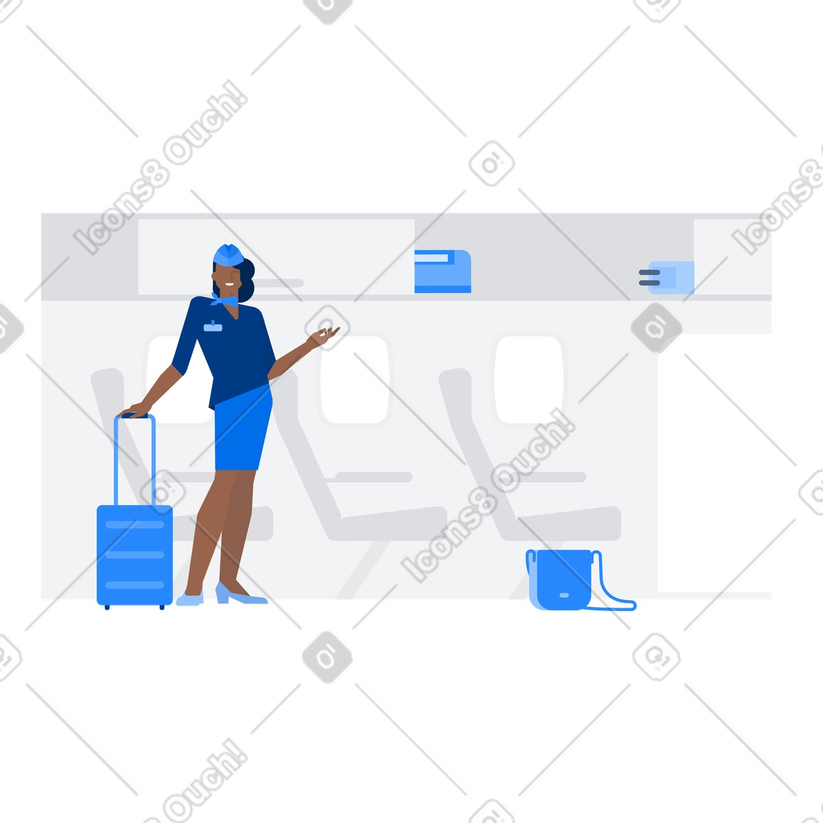 Assistente di volo in piedi nella cabina dell'aereo illustrazione stile Urban scarica PNG, SVG