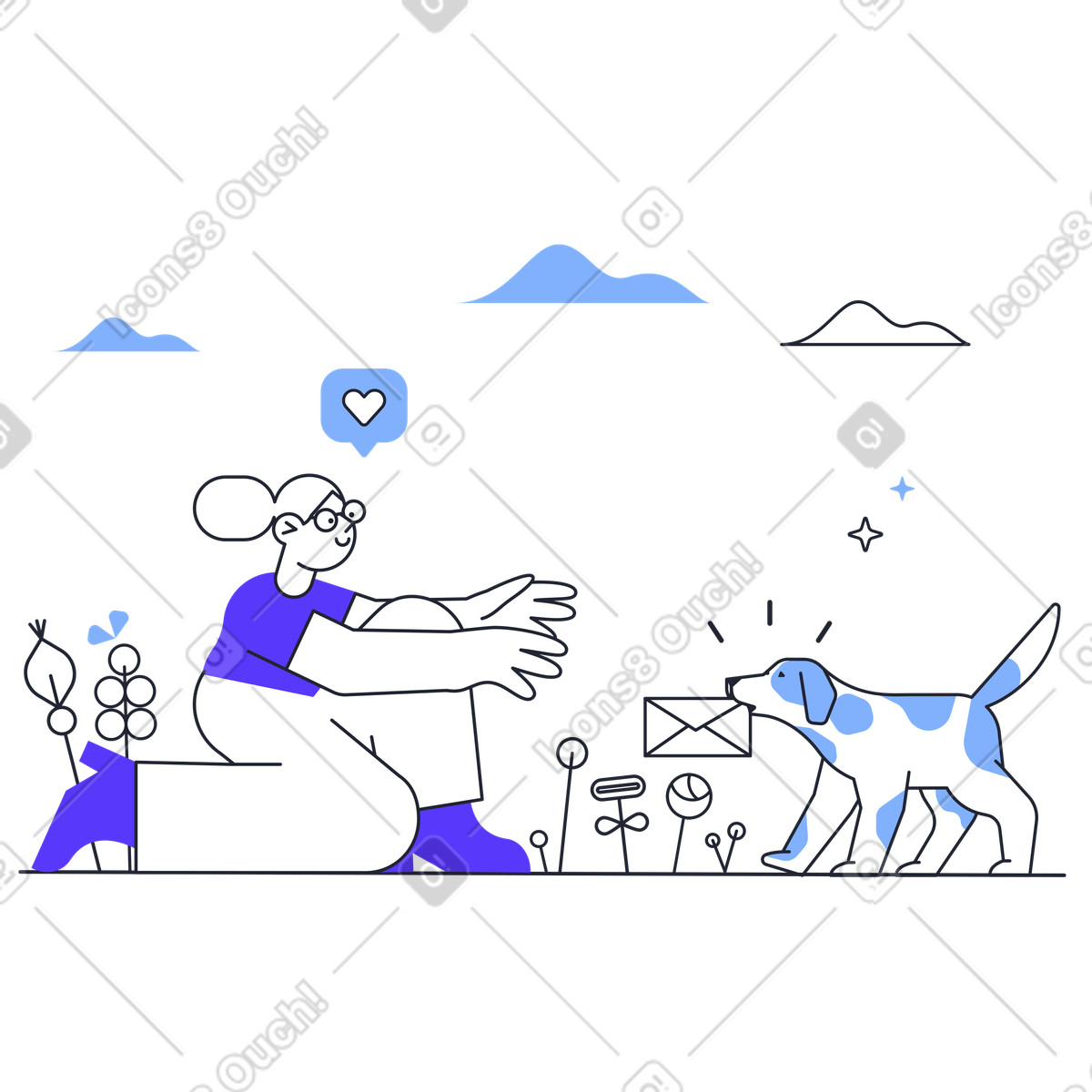 Pablita スタイルの 女性に手紙を届ける犬 のイラストをPNG、SVG形式でダウンロード