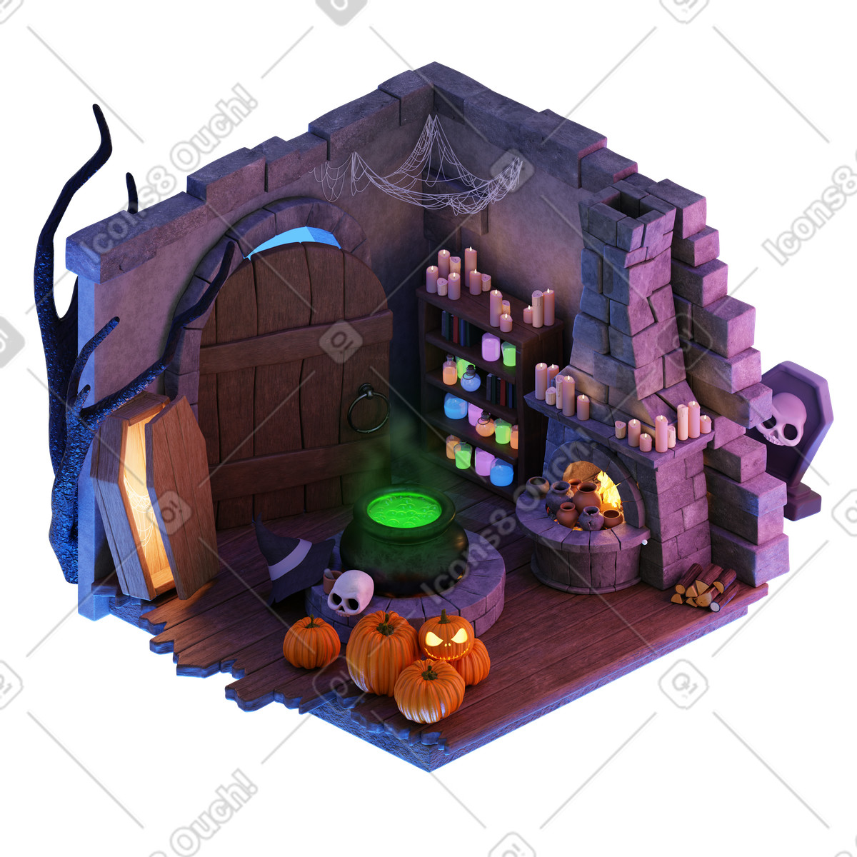 Isometric halloween witch house illustration in 3D Rooms style download in PNG, SVG