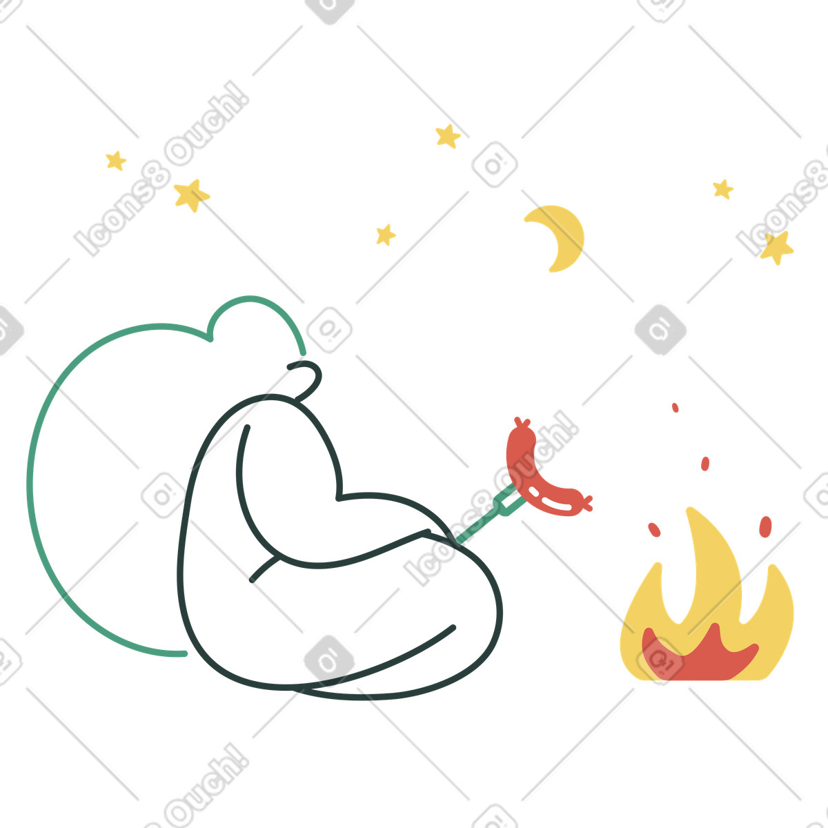 Illustration Femme rôtissant une saucisse sur un feu de camp dans le style Macaroni à télécharger aux formats PNG, SVG